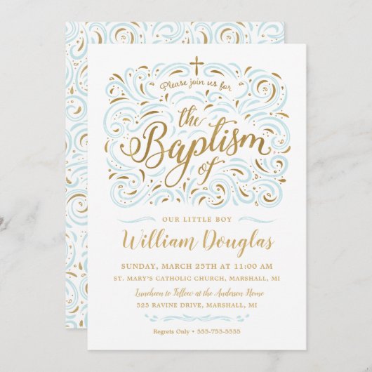 金フェイク箔ボーイバプテスマ招待状 招待状 (正面/裏面)