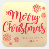 金フェイク箔メリークリスマスレッドスノーフレーク スクエアシール (正面)
