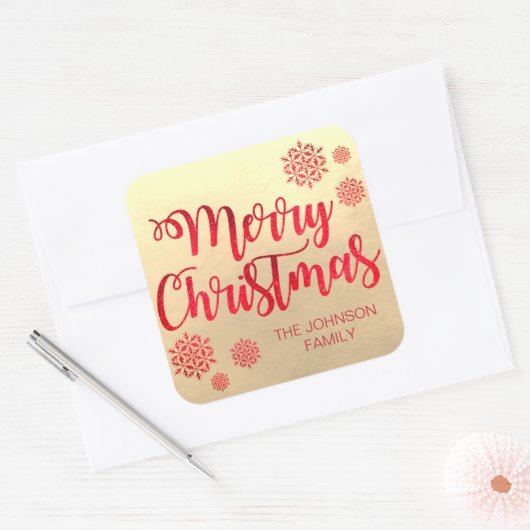 金フェイク箔メリークリスマスレッドスノーフレーク スクエアシール (封筒)