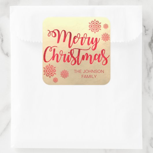 金フェイク箔メリークリスマスレッドスノーフレーク スクエアシール (バッグ)