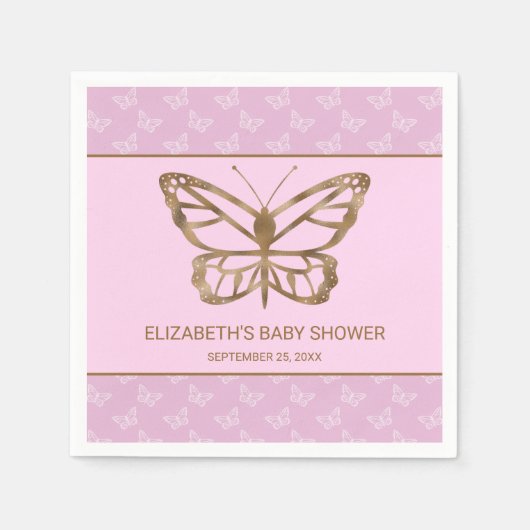 金フェイク箔ルックバタフライ – 紫色の赤ちゃんシャワー スタンダードカクテルナプキン (正面)