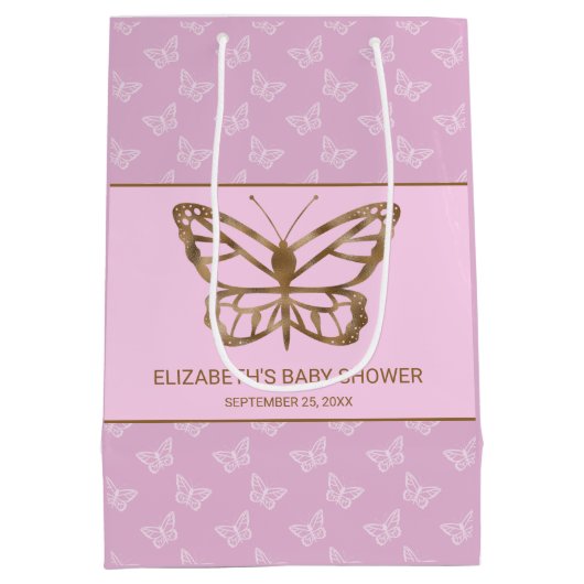 金フェイク箔ルックバタフライ – 紫色の赤ちゃんシャワー ミディアムペーパーバッグ (裏面)