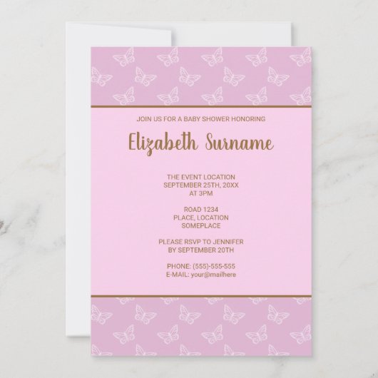 金フェイク箔ルックバタフライ – 紫色の赤ちゃんシャワー 招待状 (裏面)