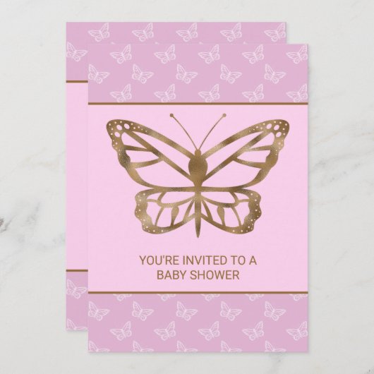 金フェイク箔ルックバタフライ – 紫色の赤ちゃんシャワー 招待状 (正面/裏面)