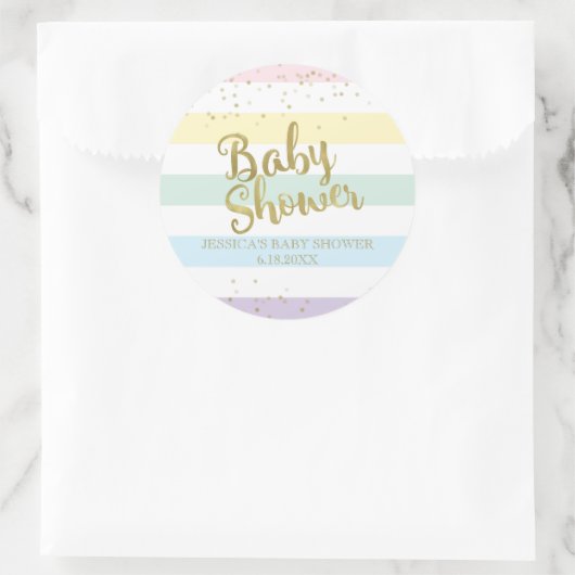 金フェイク箔レインボーストライプズ赤ちゃんシャワー ラウンドシール (バッグ)