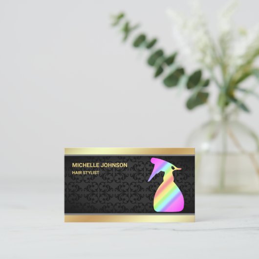 金フェイク箔レインボースプレーボトル美容師 名刺 (スタンド正面)