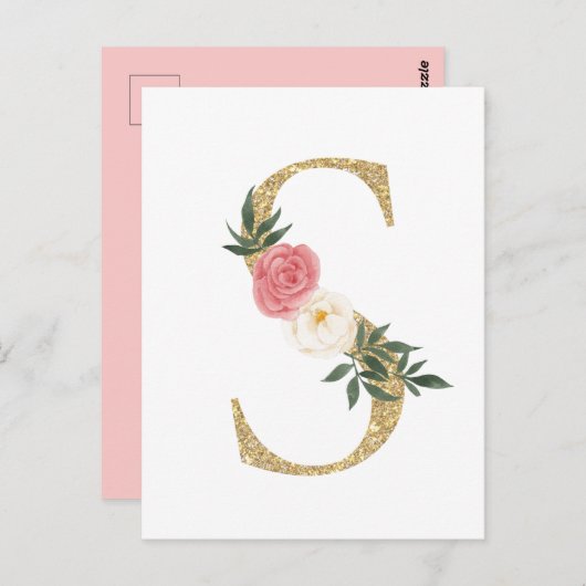 金フェイク箔レターS赤面フローラモノグラム ポストカード (正面/裏面)