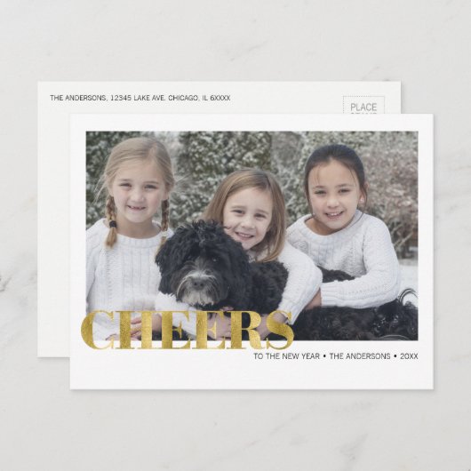 金フェイク箔応援新年の写真はがき シーズンポストカード (正面/裏面)