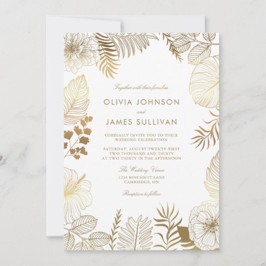 金フェイク箔熱帯植物フレーム結婚ズ 招待状 (正面)