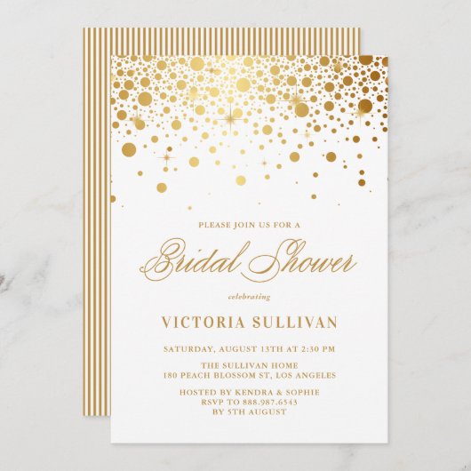 金フェイク箔紙吹雪ドットブライダルシャワー 招待状 (正面/裏面)