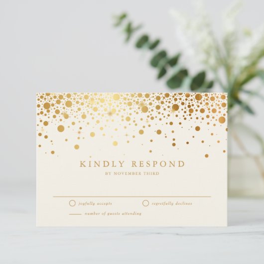 金フェイク箔紙吹雪ドット |アイボリーウェディングRSVP 出欠カード (スタンド正面)
