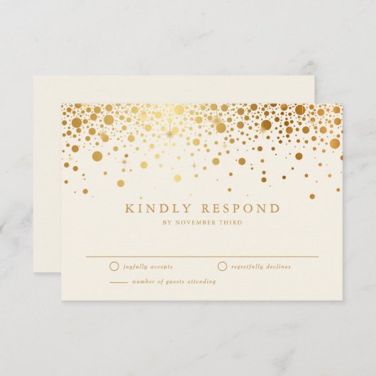 金フェイク箔紙吹雪ドット |アイボリーウェディングRSVP 出欠カード (正面/裏面)