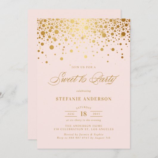 金フェイク箔紙吹雪赤面スウィート16パーティー 招待状 (正面/裏面)