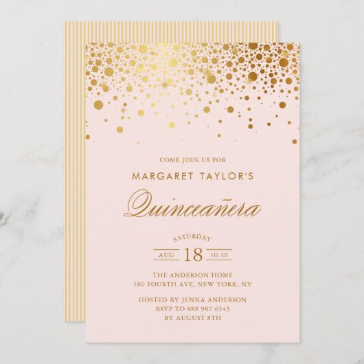 金フェイク箔紙吹雪赤面ピンクキンセアニラ 招待状 (正面/裏面)