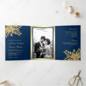 金フェイク箔離れフローラネイビーブルー結婚ズ 三つ折り招待状 (内部)