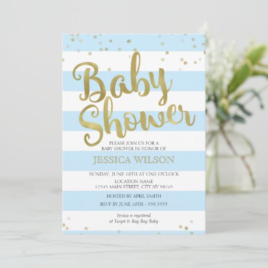 金フェイク箔、青いストライプ赤ちゃんシャワー少年 招待状 (スタンド正面)