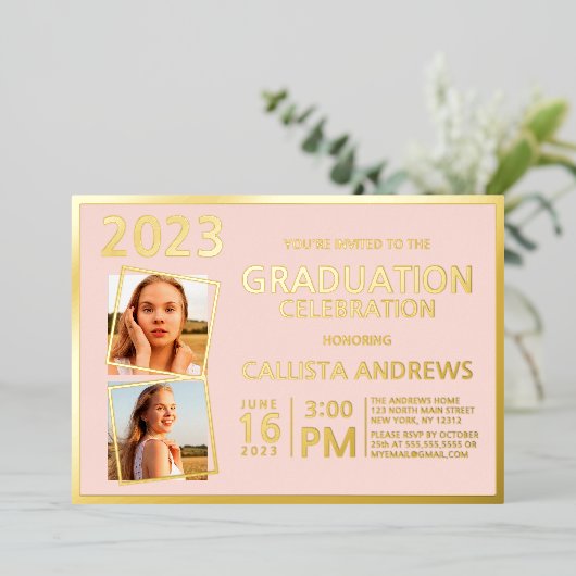 金ミニマル実在箔フレーム写真卒業 箔招待状 (立ち正面)