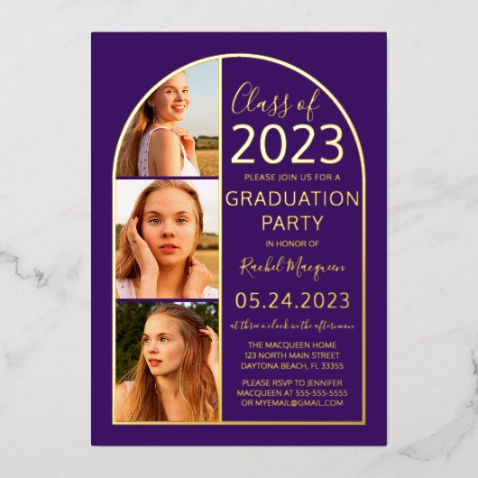 金ミニマル箔パープルアーチフォト卒業 箔招待状 (正面)