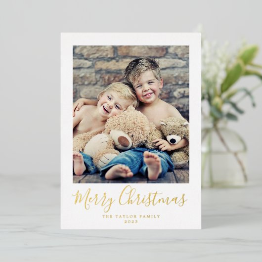 金ミニマル箔メリークリスマスポートレート写真 箔シーズンカード (立ち正面)