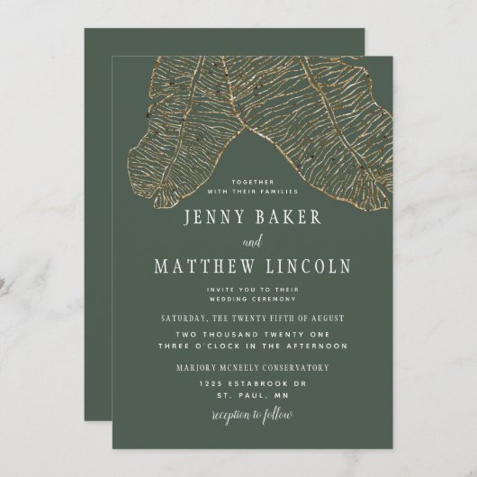 金メッキされた熱帯金ゴールド離れグリー結婚ズ 招待状 (正面/裏面)