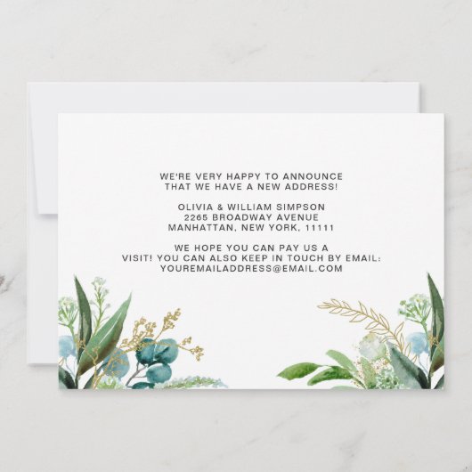 金モダンの水の色の緑の移動 案内状 (裏面)