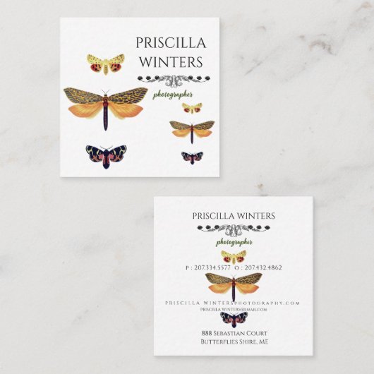 金モダンの色彩の鮮やか蝶のパターン スクエア名刺 (正面/裏面)