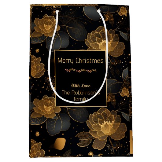 金モダンバラ名前をカスタムする ミディアムペーパーバッグ (正面)