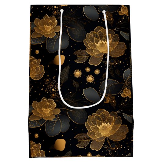 金モダンバラ名前をカスタムする ミディアムペーパーバッグ (裏面)