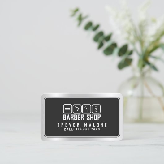 金モダンフェイク属枠ダークグレー理容師 名刺 (スタンド正面)