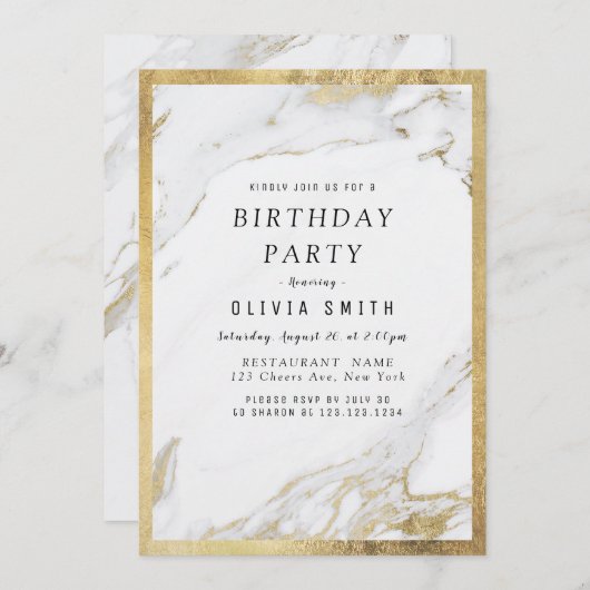 金モダンフェイク金金ゴールド大理石バースデーパーティー 招待状 (正面/裏面)