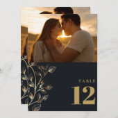 金モダンフローラフォトテーブル番号 招待状 (正面/裏面)