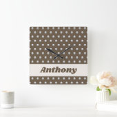 金モダン属銀と暗褐色水玉模様 スクエア壁時計 (ホーム)