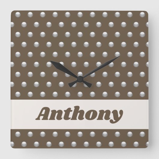 金モダン属銀と暗褐色水玉模様 スクエア壁時計 (正面)