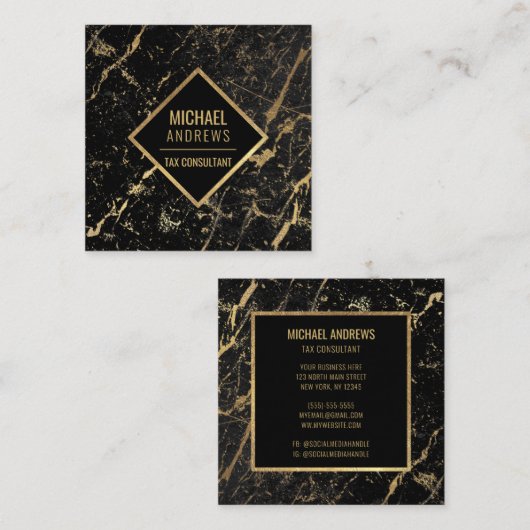金モダン箔お洒落黒大理石 スクエア名刺 (正面/裏面)