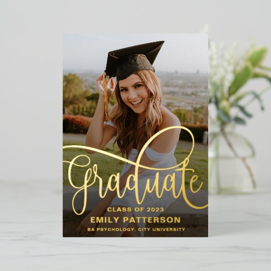 金モダン箔の大学院写真パーティー 箔招待状 (立ち正面)