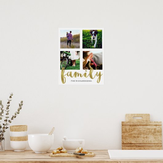 金モダン箔を使用した白い家族のフェイクフォトグリッド ポスター (キッチン)