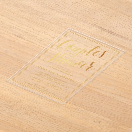 金モダン箔エフェクトカップルウェディングシャワー アクリル招待状 (レイダウン)