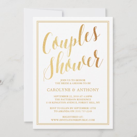 金モダン箔エフェクトカップルウェディングシャワー 招待状 (正面)