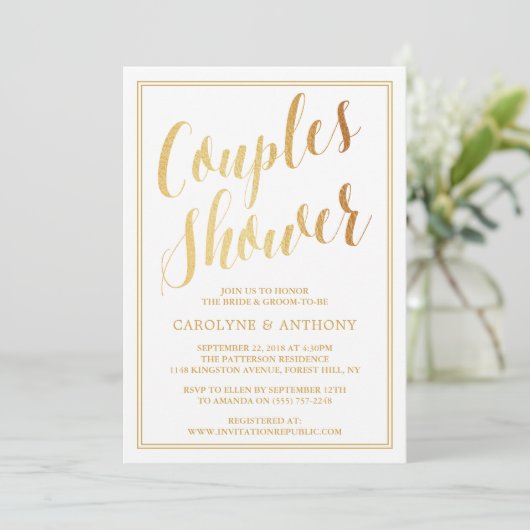 金モダン箔エフェクトカップルウェディングシャワー 招待状 (スタンド正面)