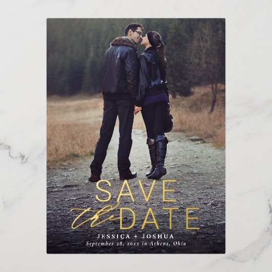 金モダン箔オーバーレイフルフォトセーブ日付 箔招待状ポストカード (正面)