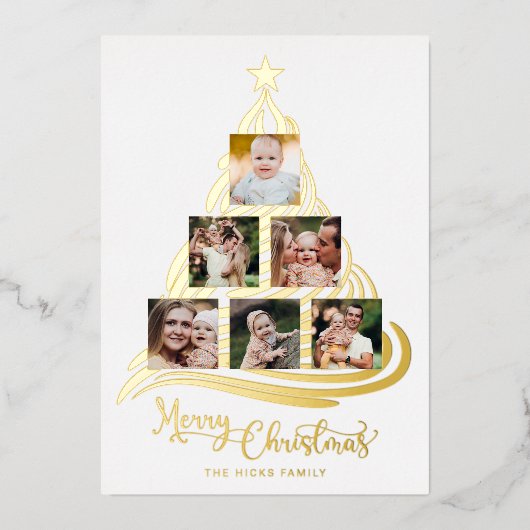 金モダン箔クリスマスツリーファミリーマルチフォト 箔シーズンカード (正面)