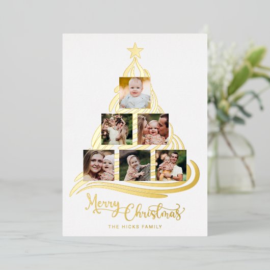 金モダン箔クリスマスツリーファミリーマルチフォト 箔シーズンカード (立ち正面)