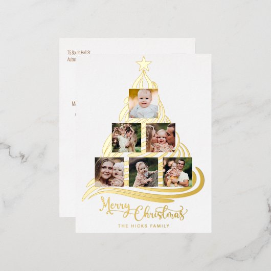 金モダン箔クリスマスツリーファミリーマルチフォト 箔シーズンポストカード (正面/裏面)