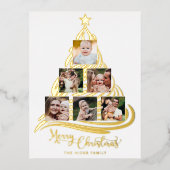 金モダン箔クリスマスツリーファミリーマルチフォト 箔シーズンポストカード (正面)