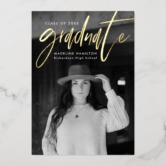 金モダン箔スクリプトの卒業発表 箔招待状 (正面)