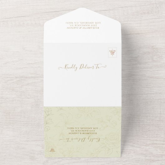 金モダン箔スクリプトフローラフレーム結婚式RSVP オールインワン招待状 (外側)