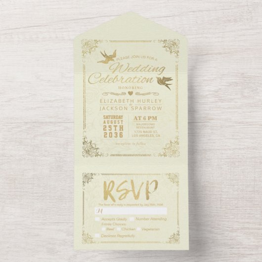 金モダン箔スクリプトフローラフレーム結婚式RSVP オールインワン招待状 (内側)