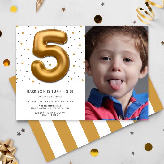 金モダン箔バルーン第5誕生日写真 招待状
