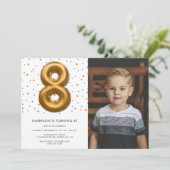 金モダン箔バルーン第8誕生日写真 招待状 (スタンド正面)
