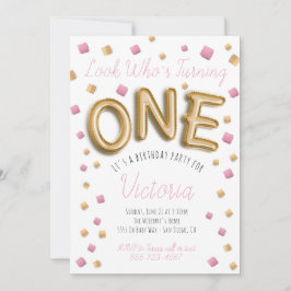 金モダン箔バルーン1歳の誕生日招待状 招待状